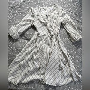 Calvin Klein 14 fit and flare midi long lantern sleeve dress stripe gray white